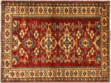 handmade Geometric Super Kazak Red Gold Hand Knotted RECTANGLE 100% WOOL area rug 4x6